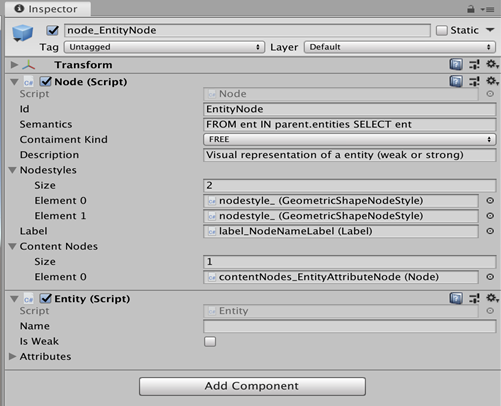 Unity inspector showing properties of the visual representation of a DSL metaclass