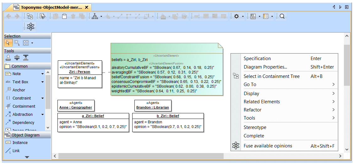 Screenshot showing the use of the MagicDraw plugin on a model.